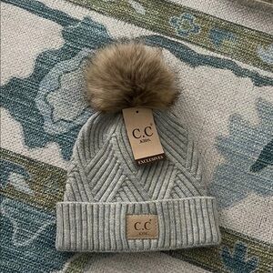 C.C Kids Gray Knit Beanie with Faux Fur Pom